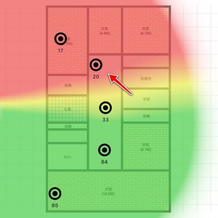 クレードルなしの場合の通信範囲（Wi-Fiミレルのヒートマップ）